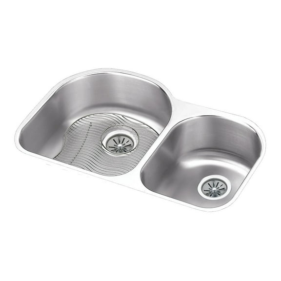 Elkay Lustertone Classic Stainless Steel 31-1/4" x 20" x 10", Offset 60/40 Double Bowl Undermount Sink Kit