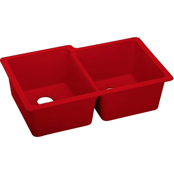 Elkay Quartz Luxe 33" x 20-1/2" x 9-1/2", Offset Double Bowl Undermount Sink, Maraschino