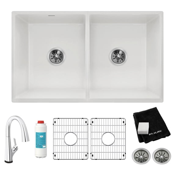 Elkay SWUF32189WHFLC Fireclay 33" Farmhouse Double Basin Fireclay Kitchen Sink - White