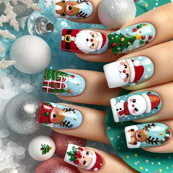 Elks False Nails Snowman Full Covers on Nails Christmas Manicures Supplies for Winter