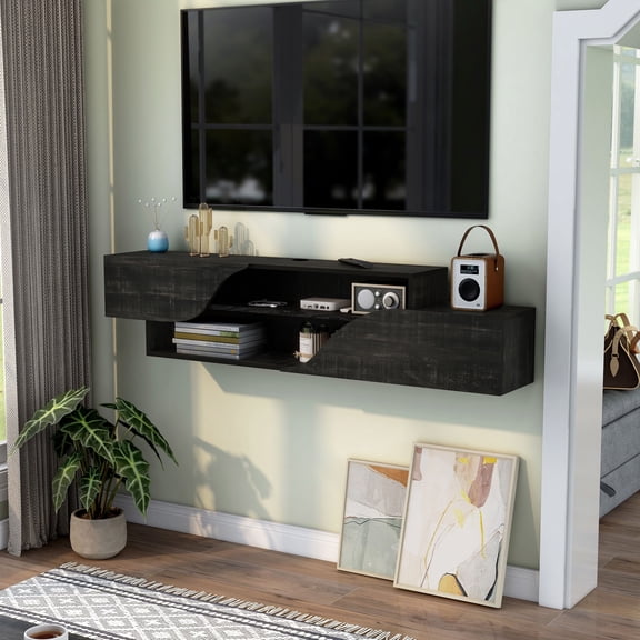 Elkton 2-Shelf Wood Reclaimed Black Oak Floating TV Console