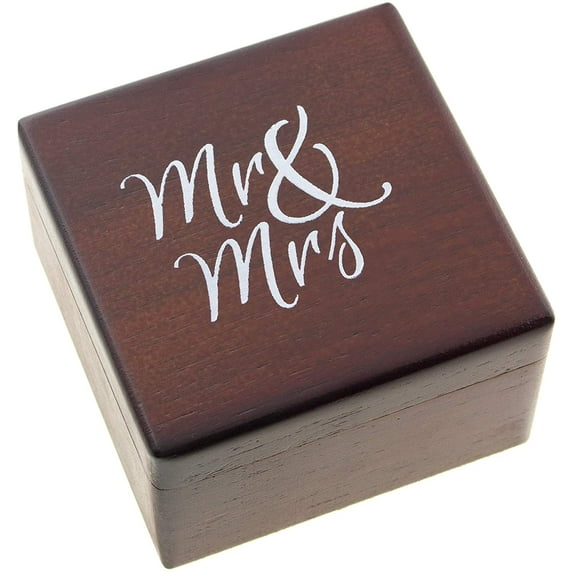 Ella Celebration Wedding Ring Bearer Box, Mr & Mrs Wooden Ring Box, Engagement Ring Holder Unique Decorative Elegant Jewelry Box Favor Gift (Mahogany Magnetic)