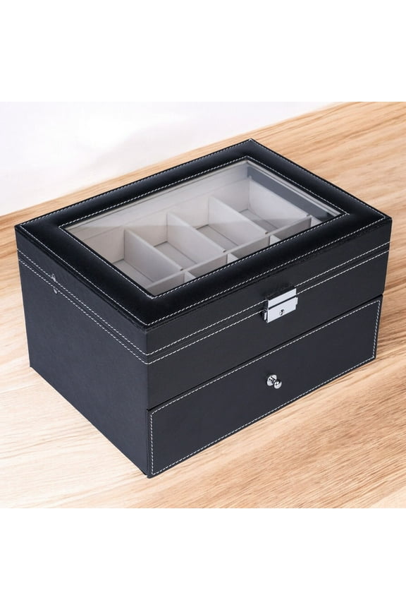 20 Slot Watch Box Organizer for Men & Women, Large Display Case with Drawer, Black Leather