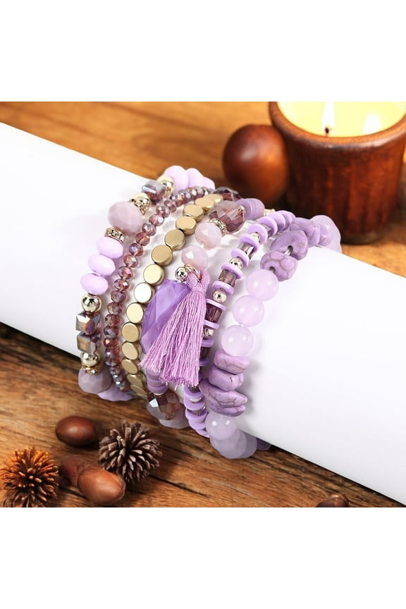 Bohemian Beaded Purple Bracelets, 6 Pieces