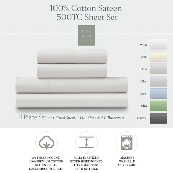 Ella Jayne 100% Cotton Sateen 500 Thread Count Deep Pocket 4-piece Sheet Set, Cal King, Stone