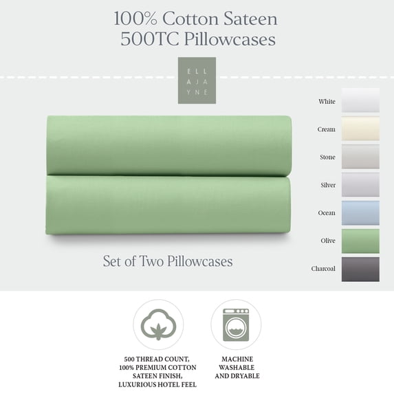 Ella Jayne 100% Cotton Sateen 500 Thread Count Pillowcase Set - Olive - Standard/Queen