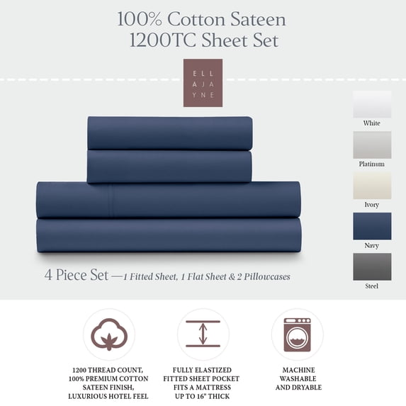 Ella Jayne Luxury Sateen 1200 Thread Count Cotton Navy Sheet Set, California King (4 Pieces)