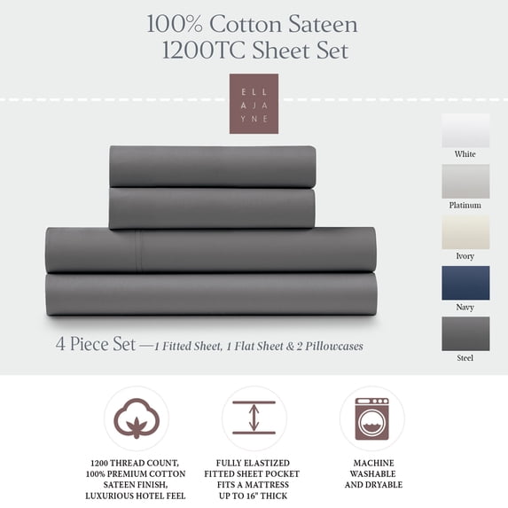 Ella Jayne Luxury Sateen 1200 Thread Count Cotton Steel Grey Sheet Set, Queen (4 Pieces)