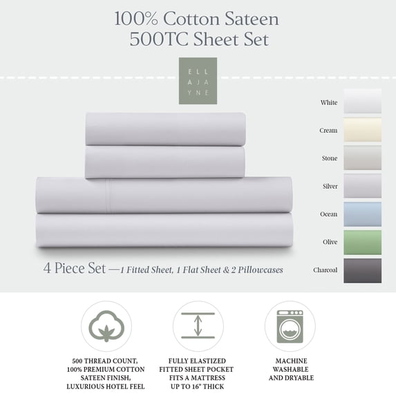 Ella Jayne Luxury Sateen 500 Thread Count Cotton Lilac Sheet Set, King (4 Pieces)