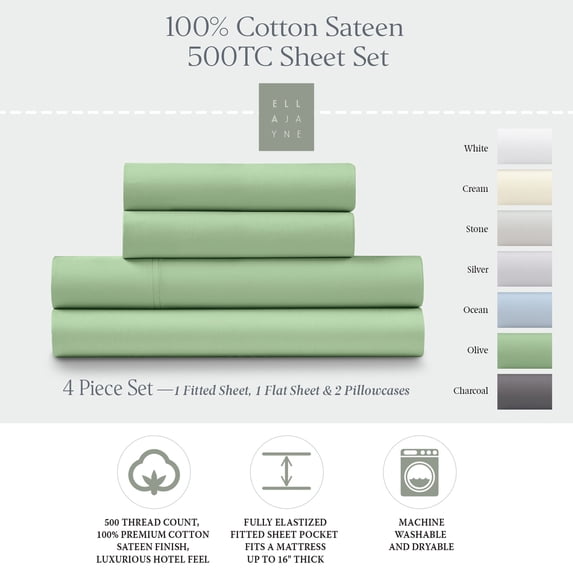 Ella Jayne Luxury Sateen 500 Thread Count Cotton Olive Green Sheet Set, King (4 Pieces)