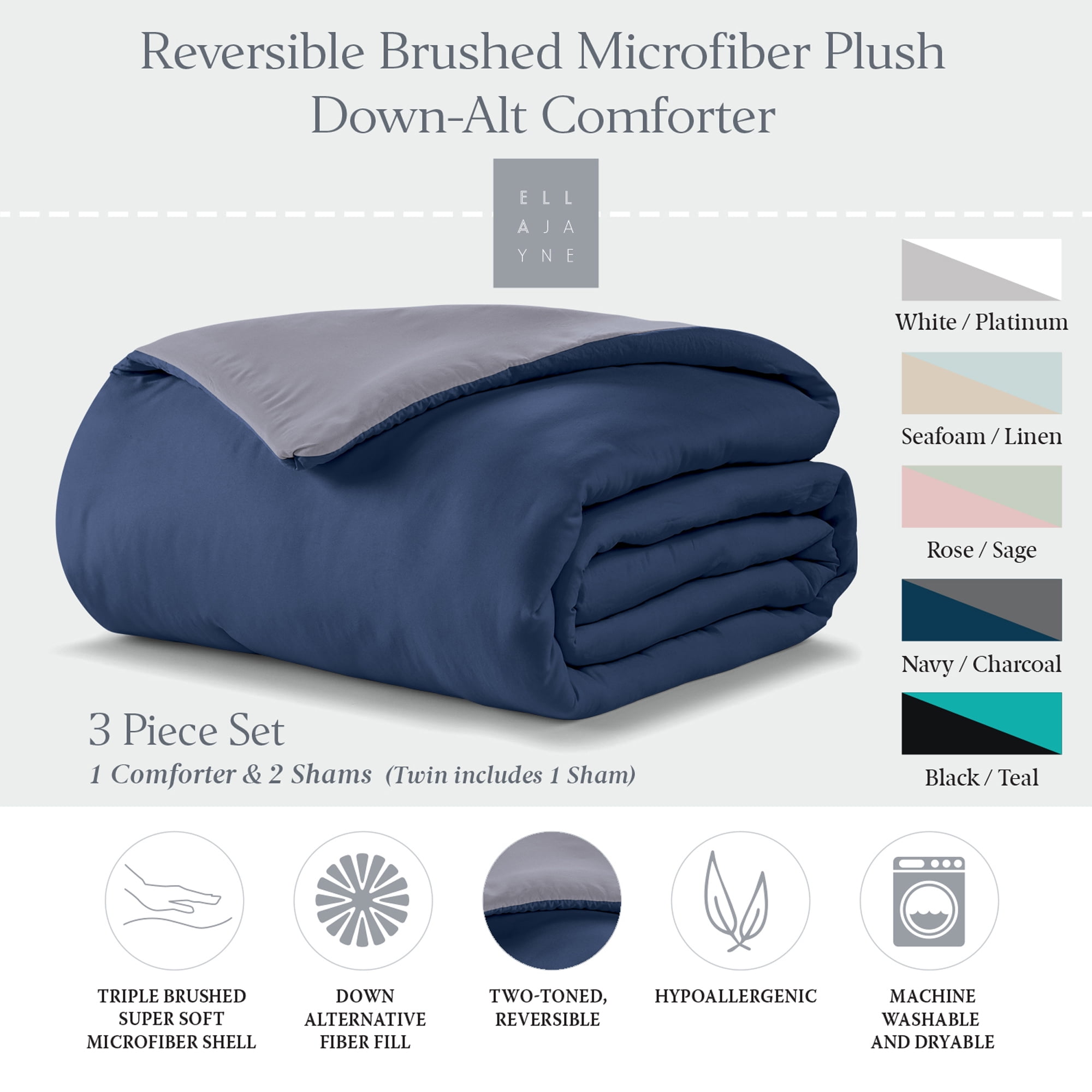 Twin Charcoal and Navy Reversible Microfiber Down Comforter Set