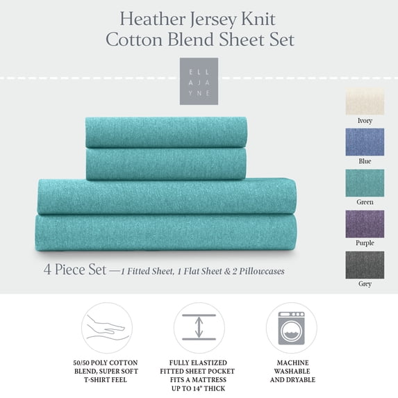 Ella Jayne Super Soft Jersey Poly Cotton Green Sheet Set, Queen (4 Pieces)
