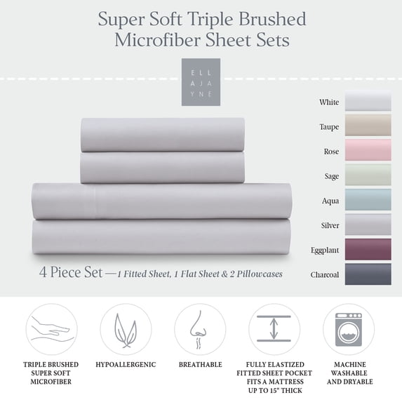 Ella Jayne Soft Microfiber Silver Sheet Set, Full (4 Pieces)
