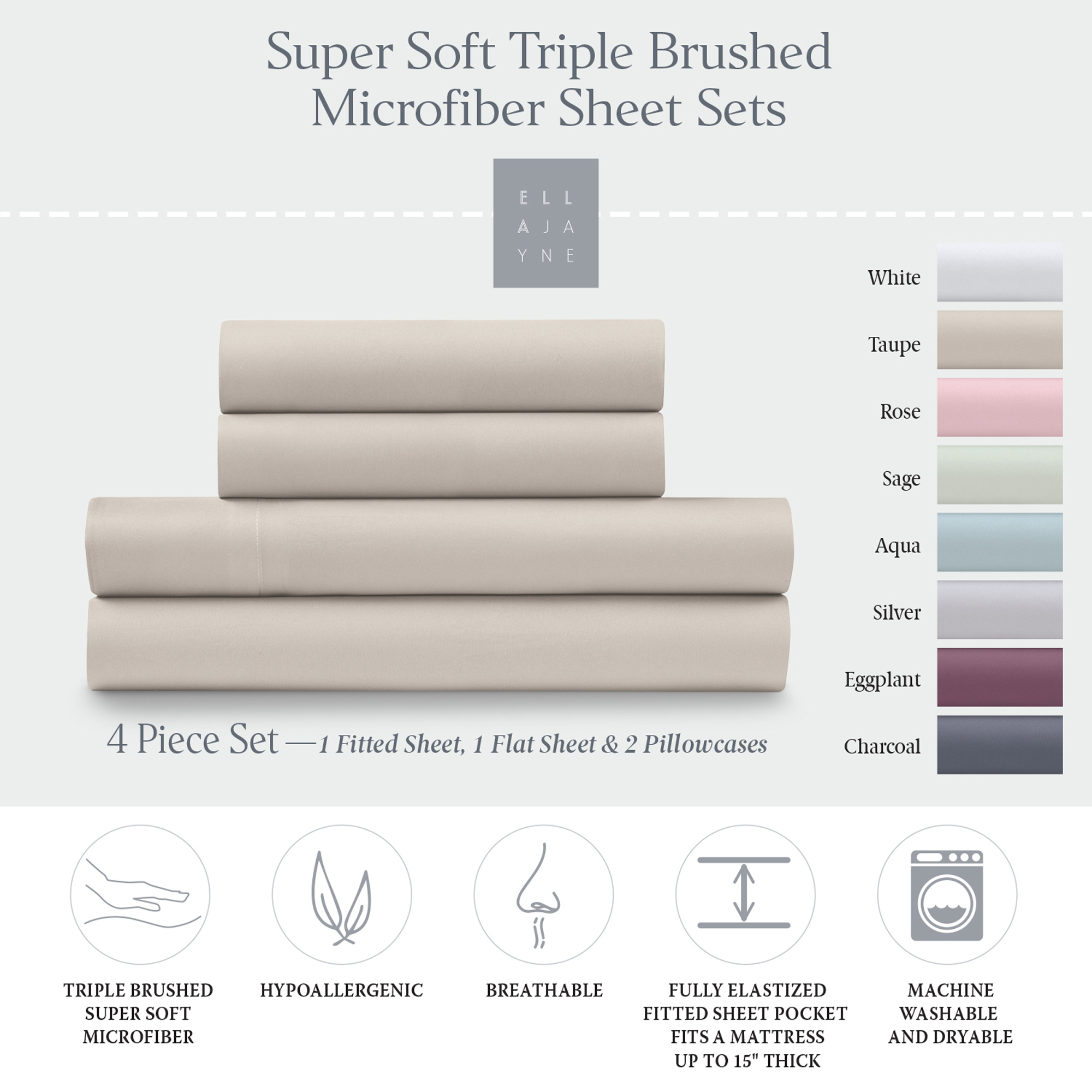 Ella Jayne Super Soft Triple Brushed Microfiber Sheet Set, 3-pc, Queen, Taupe - image 1 of 4