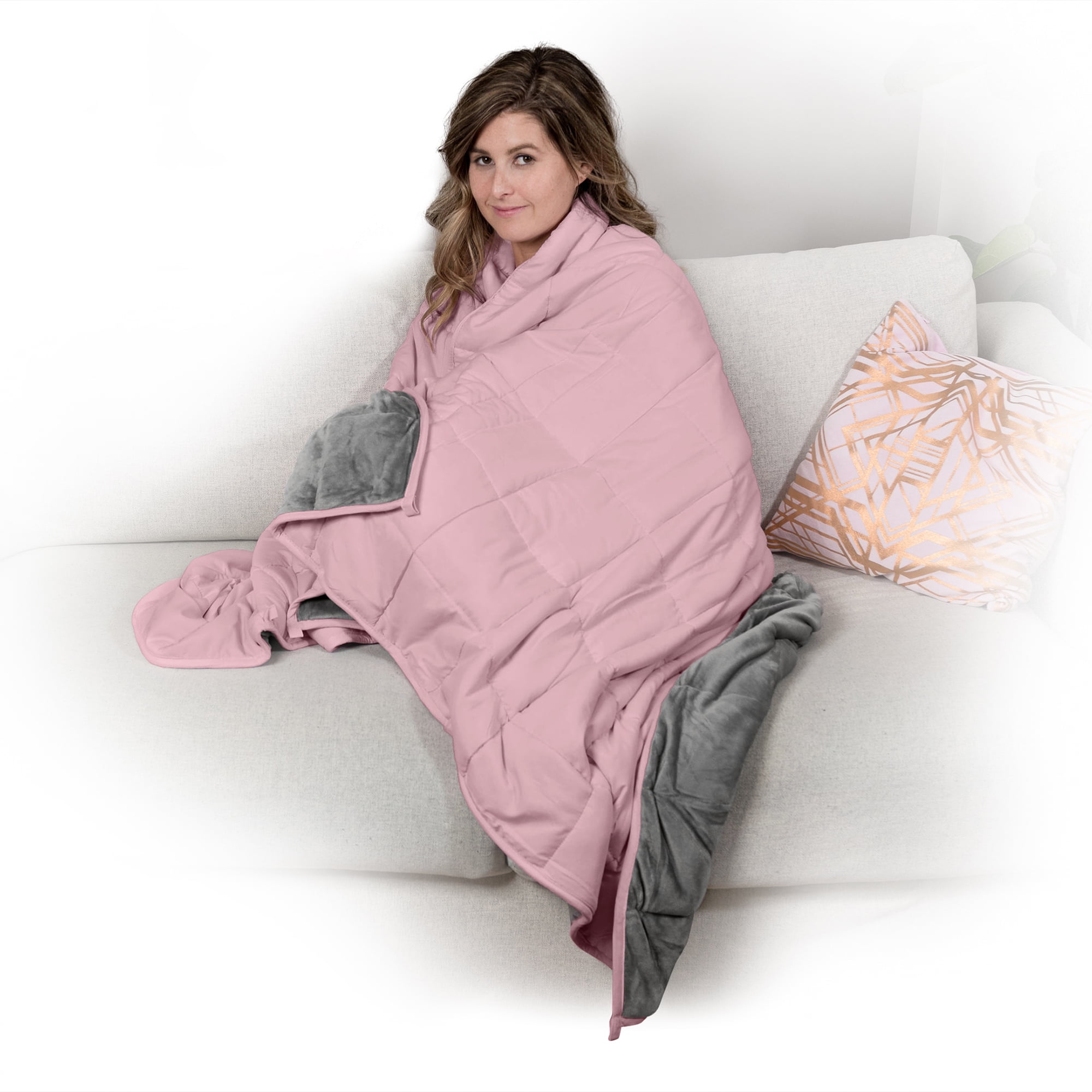 Reversible Grey and Pink Fleece Weighted Blanket, 15 lbs