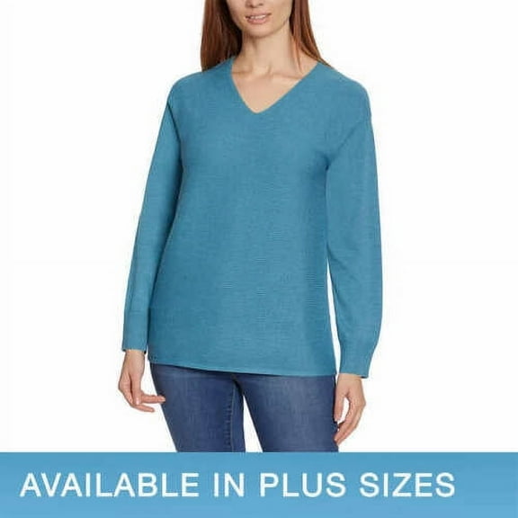 Ella Moss Ladies' Ribbed V-Neck Sweater (Blue, Large) 1541363
