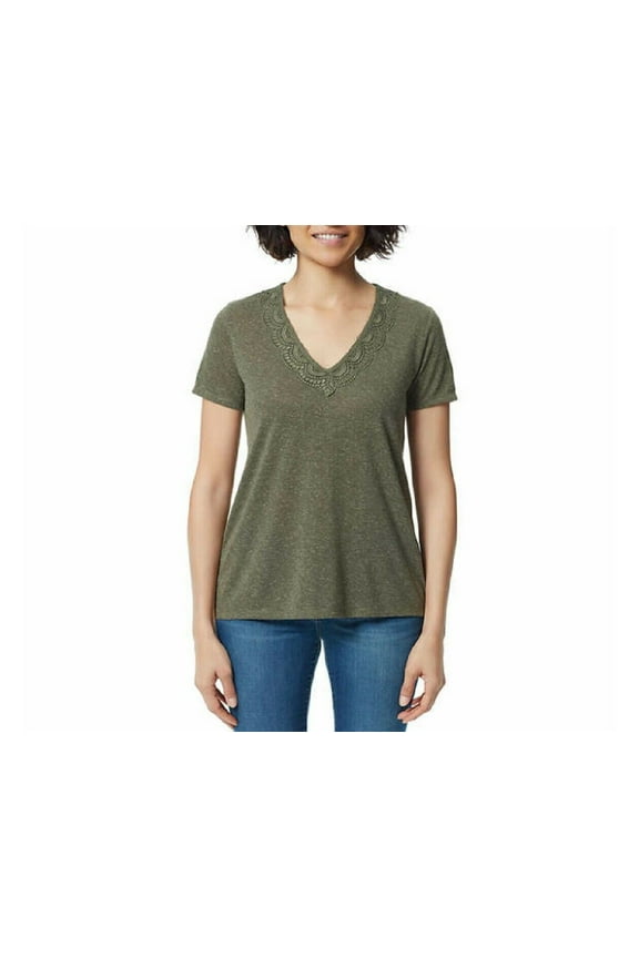 Ladies' V-Neck Short Sleeve Lace Top Size: XS, Color: Green (Deep Lichen)