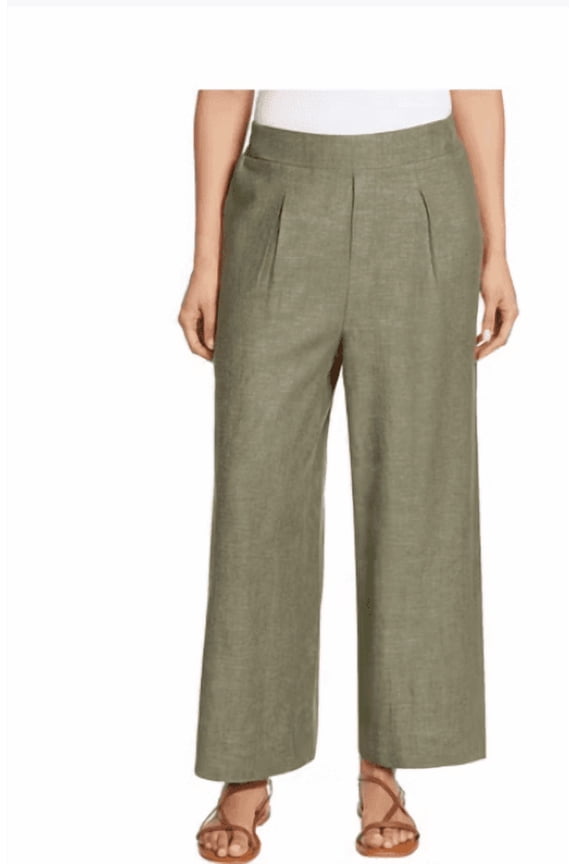 Linen Blend Wide Leg Pants, Green, XXL