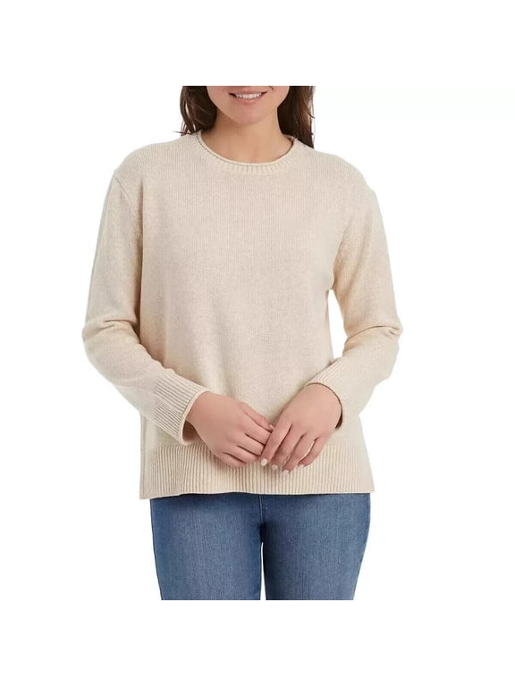 Women's Crewneck Cozy Long Sleeve Sweater, Tan, Size S