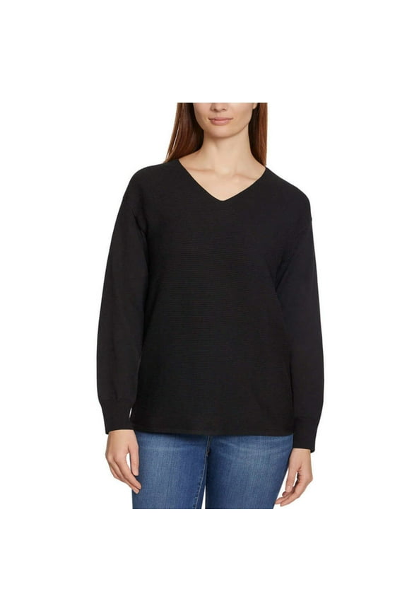 Women's Long Sleeve V-Neck Ribbed Sweater XL Black