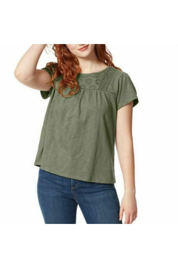 Women's Short Sleeve Embroider Soft Eyelet Shirt, Olive XXL