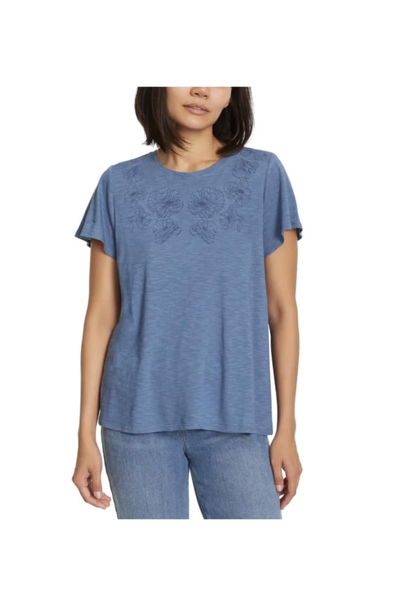 Women's Short Sleeve Embroidered Top (Medium, Blue)