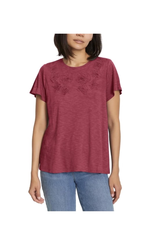 Women's Short Sleeve Embroidered Top (XX-Large, Dark Pink)