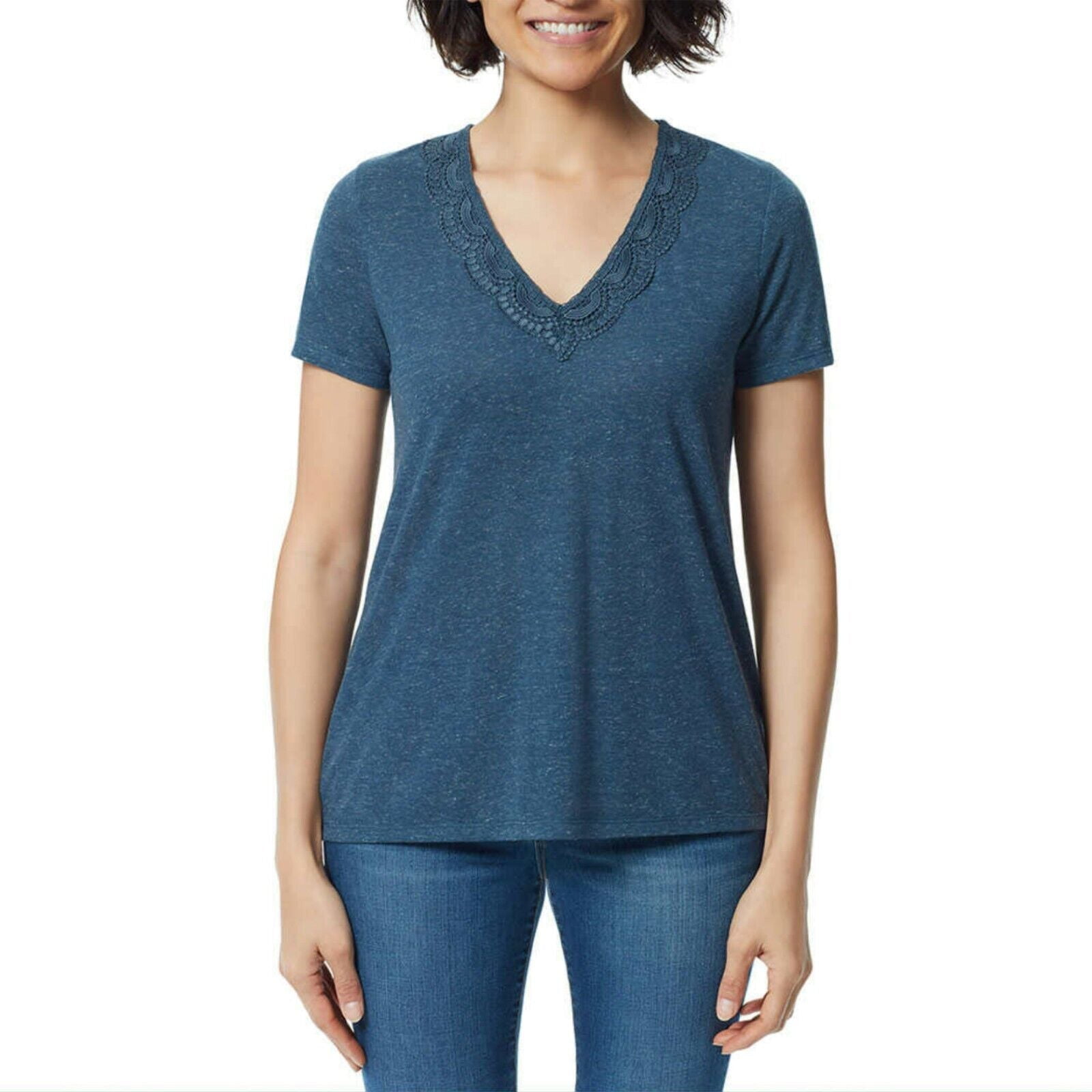 ELLA MOSS Women's Super Soft Lightweight V-Neck Lace T-Shirt Top, Evening Tide, 3X