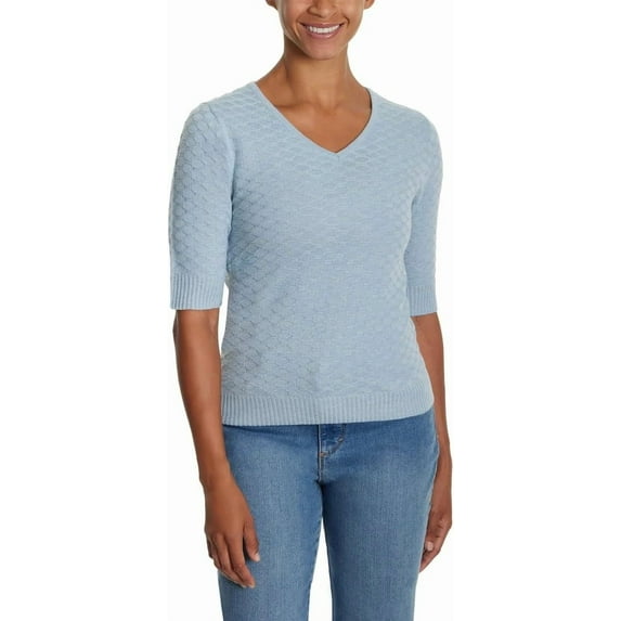 Ella Moss Women's V-Neck Elbow Sleeves Sweater Light Blue M