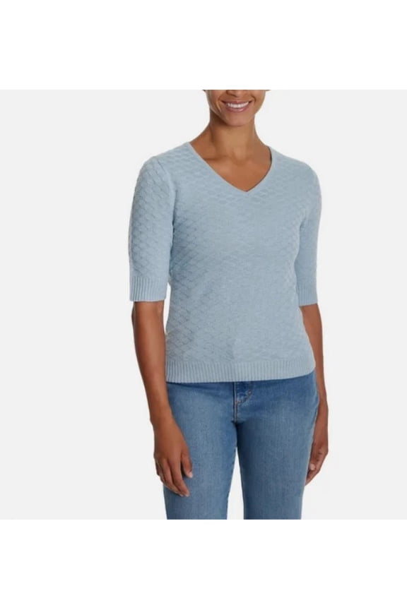 Women's V-Neck Elbow Sleeves Sweater, Light Blue, Size L