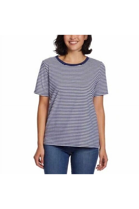 Womens Flattering Fit Ultra Soft Perfect Tee 1 Pk Size: S, Color: Navy/White Stripe