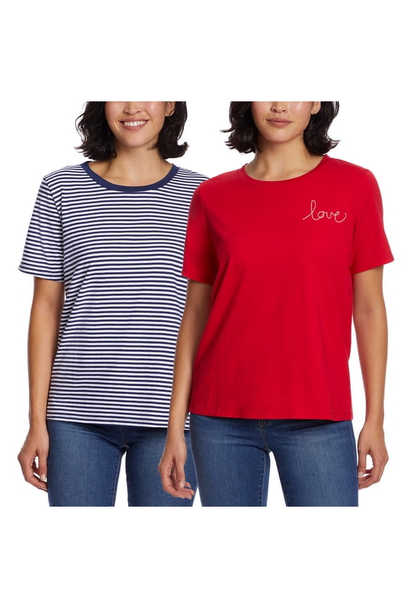 Womens Flattering Fit Ultra Soft Perfect Tee, 2-Pack,Mood Indigo & White Stripe/Red,Small