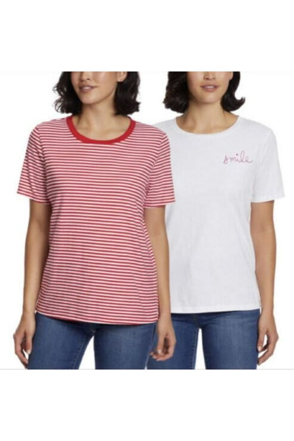 Womens Flattering Fit Ultra Soft Perfect Tee, 2-Pack,Red/White Stripe & White,Large