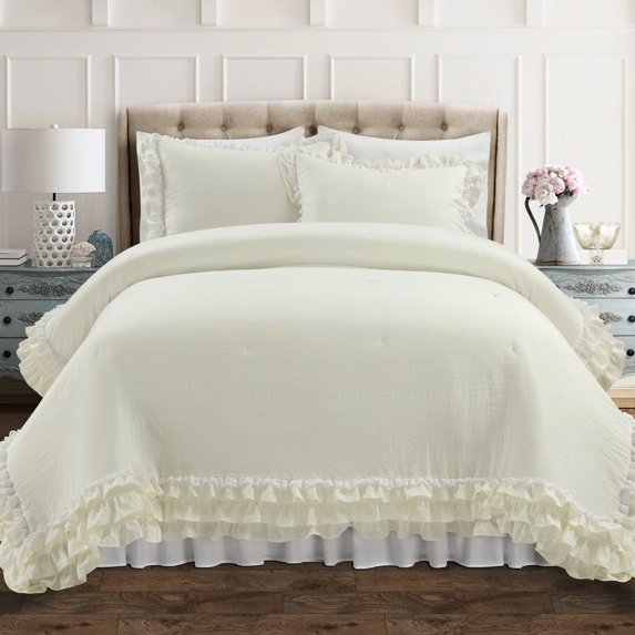 Ella Parisian Vintage Chic Ruffle Lace Comforter Ivory 3Pc Set Full/Queen
