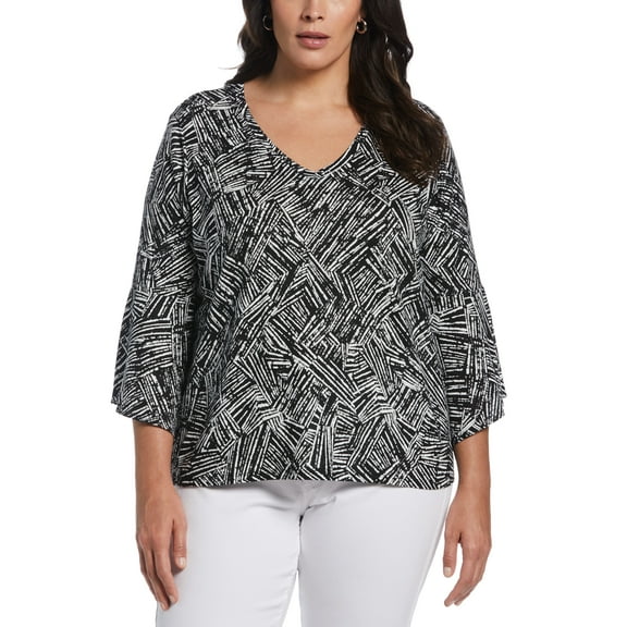 Ella Rafaella Plus Size Knit V Neck Ruffle Top Black 3X