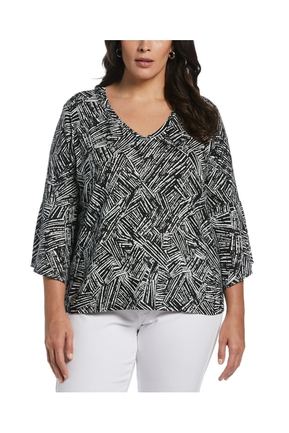 Plus Size Knit V Neck Ruffle Top Black 3X