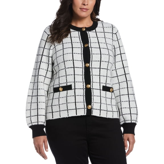 Ella Rafaella Plus Size Windowpane Plaid Jacket Sweater Window Black 3X
