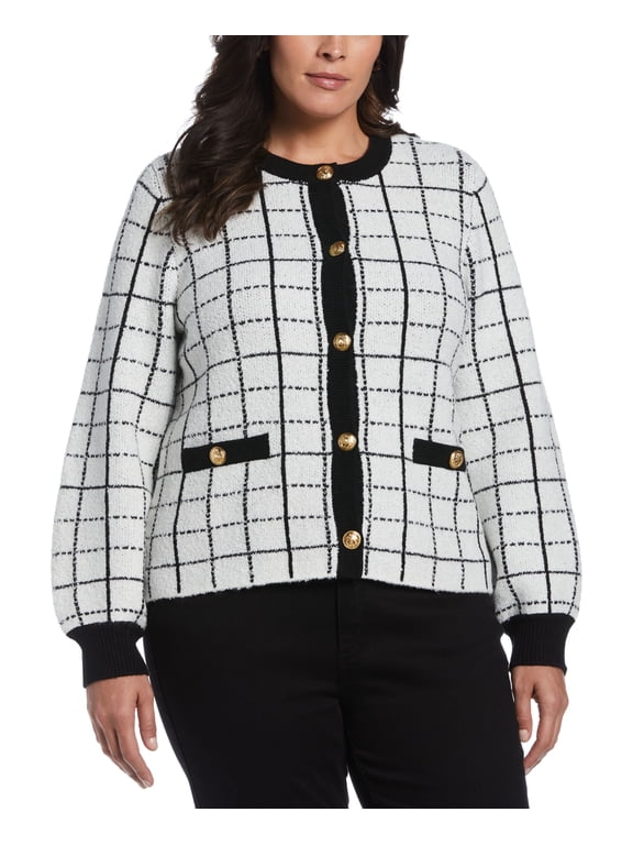 Plus Size Windowpane Plaid Jacket Sweater Window Black 3X