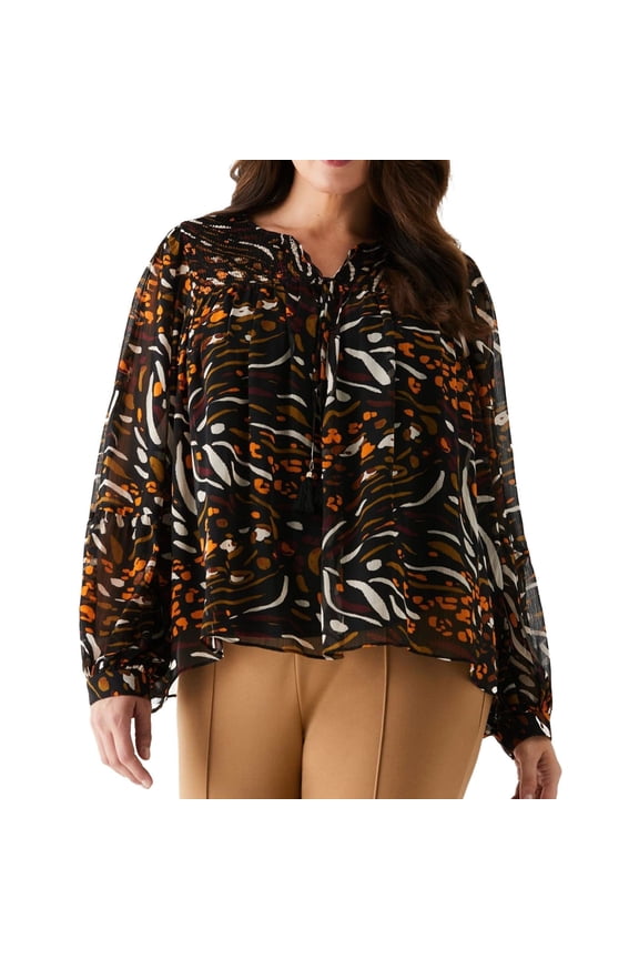 Womens Animal Print Peasant Blouse, Multicoloured, Plus Size, 1X