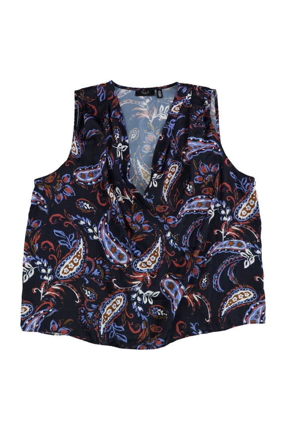 Womens Paisley Pleated Sleeveless Blouse Top, Blue, Plus Size, 1X
