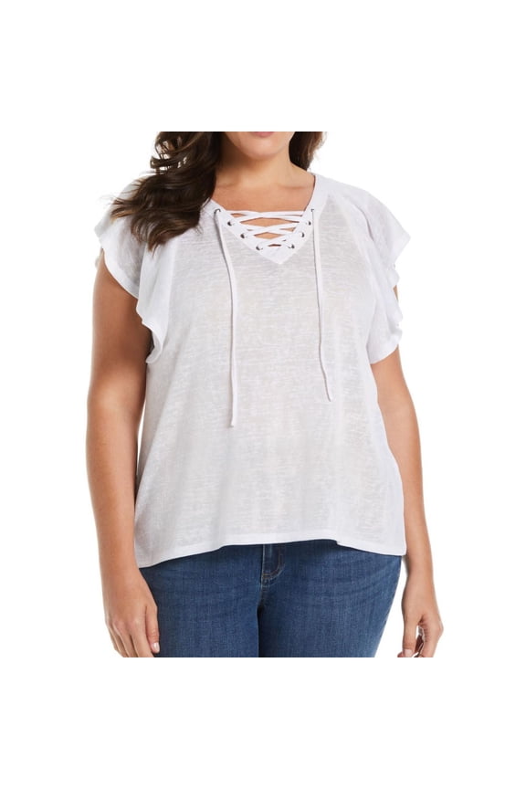 Womens Lace U Princess Pullover Blouse, White, Plus Size, 1X