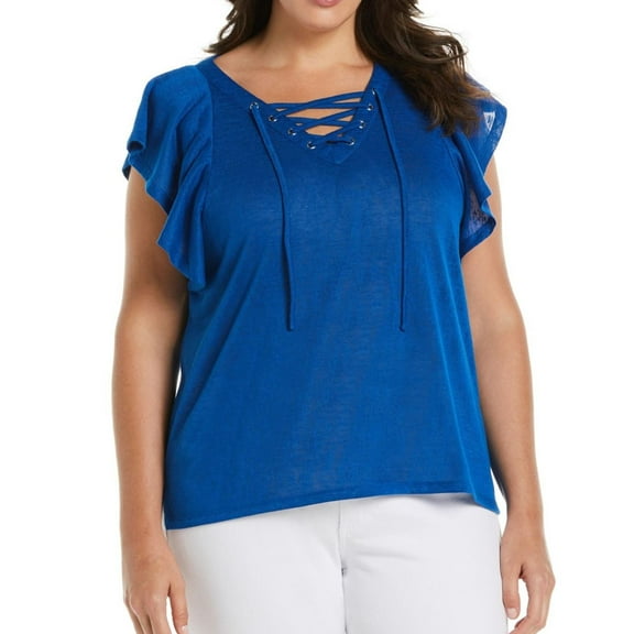 Ella Rafaella Womens Lace U Princess Pullover Blouse, Blue, Plus Size, 1X
