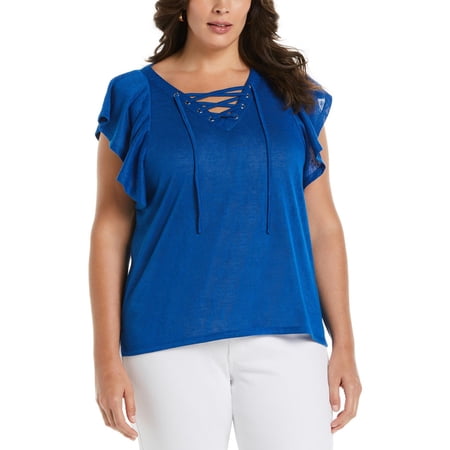 Ella Rafaella Womens Plus Lace Up Flutter Sleeves Blouse