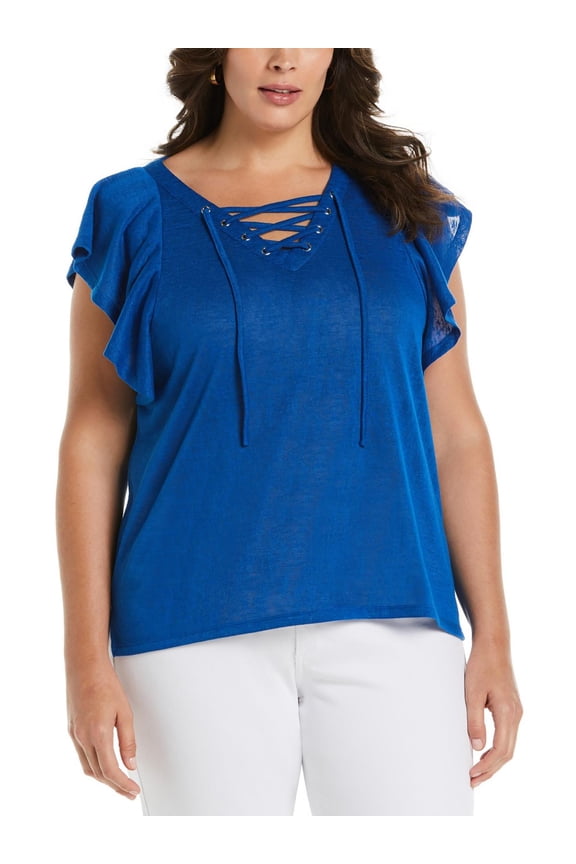 Womens Plus Lace Up Flutter Sleeves Blouse
