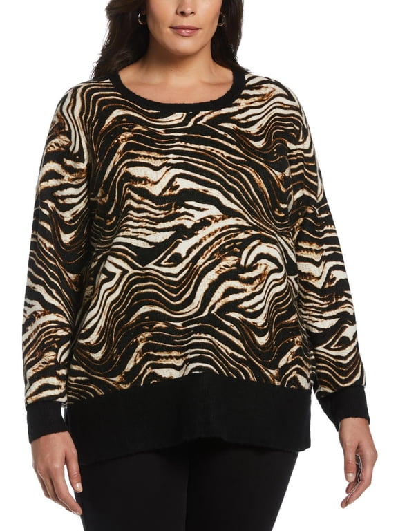 Womens Plus Long Sleeve Animal Sleeve Crewneck Sweater