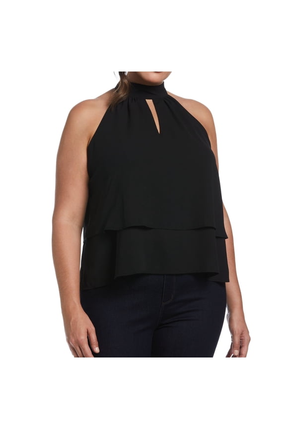 Womens Tiered Halter Blouse Top, Black, Plus Size, 1X