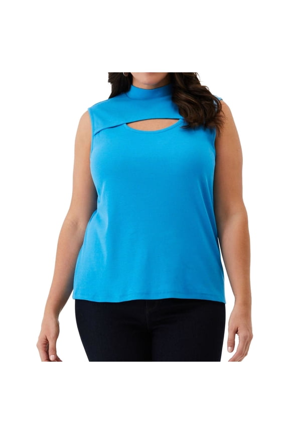 Womens Ribbed Cutout Tank Top, Blue, Plus Size, 2X