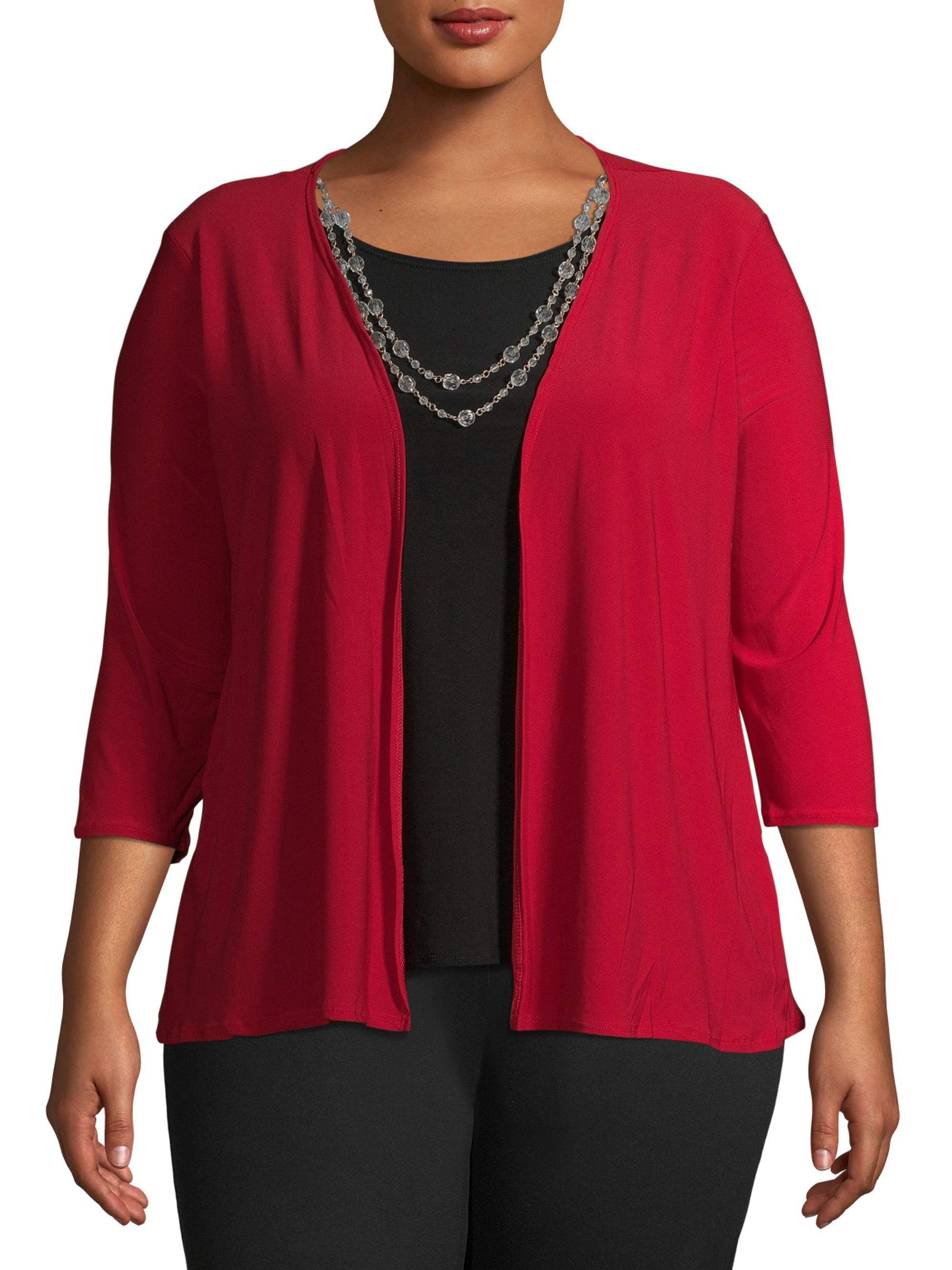 Ella Samani Women's Plus Size 3/4 Sleeve Cardigan with Necklace