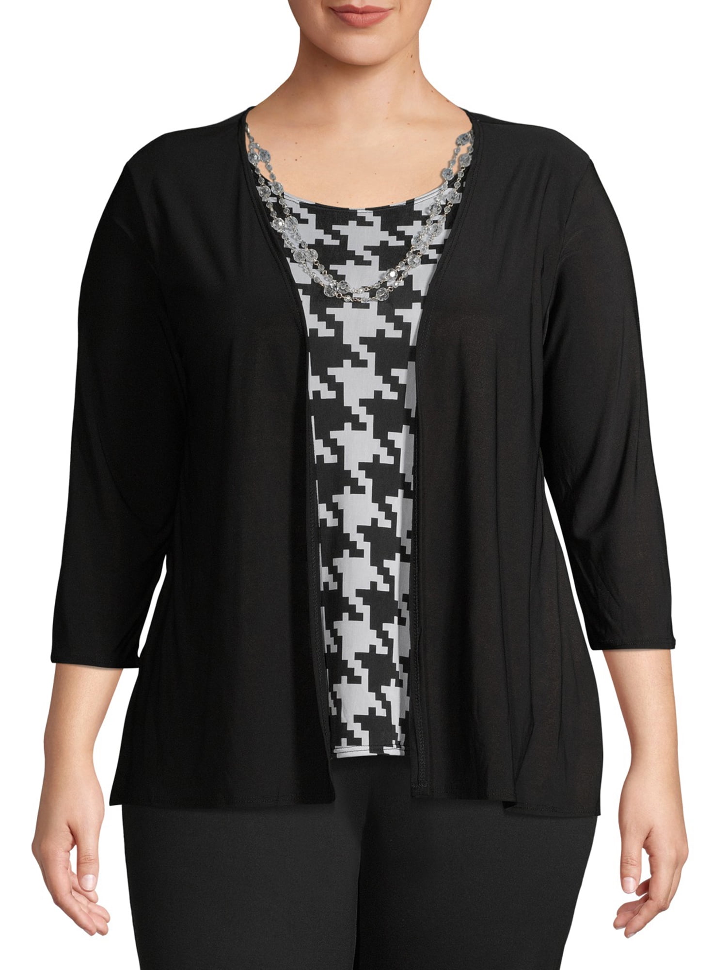Ella Samani Women's Plus Size 3/4 Sleeve Cardigan with Necklace