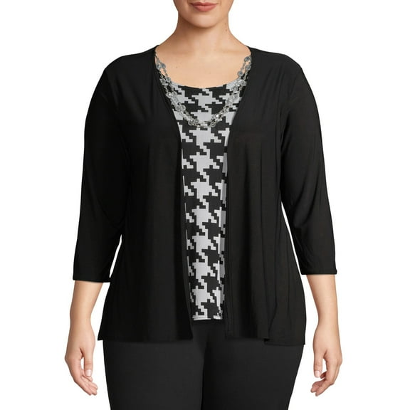 Ella Samani Women's Plus Size 3/4 Sleeve Cardigan with Necklace